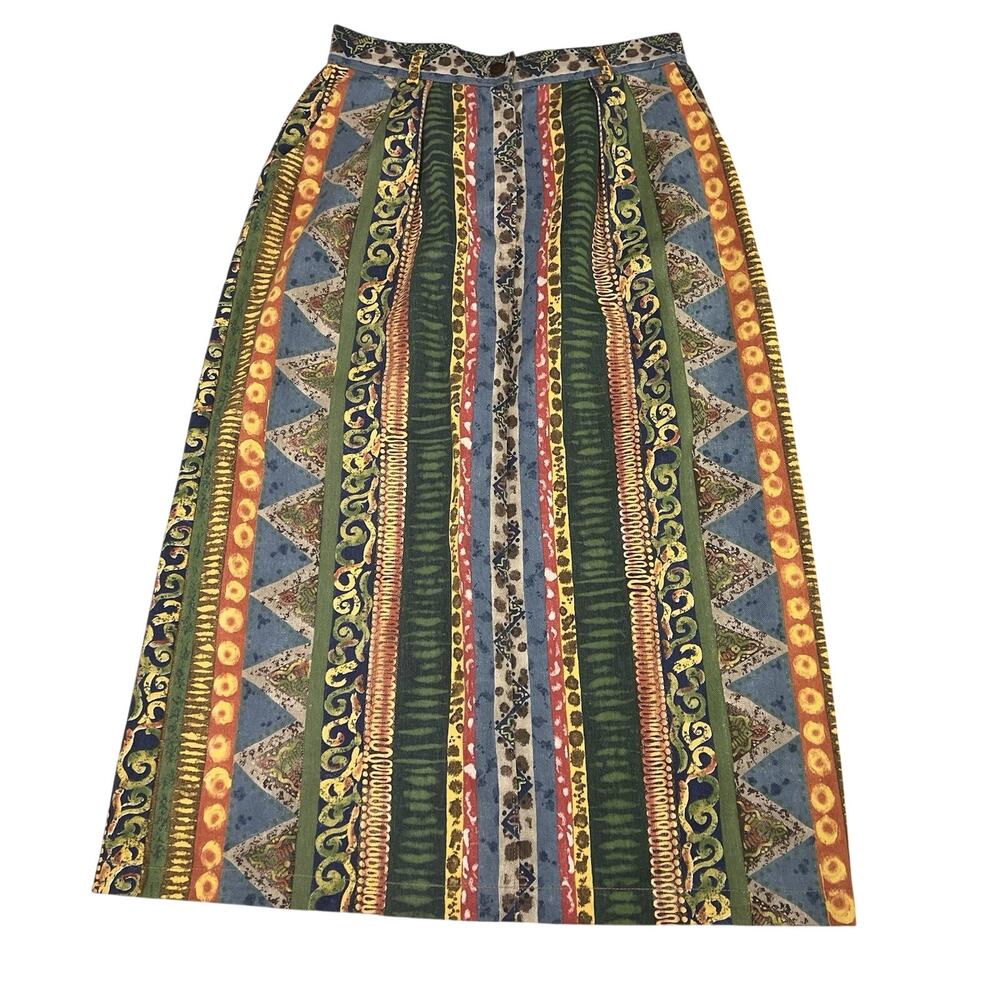 Willowbend Denim Skirt Size 14 Multicolor Aztec Midi Vintage VTG 90s Made in USA